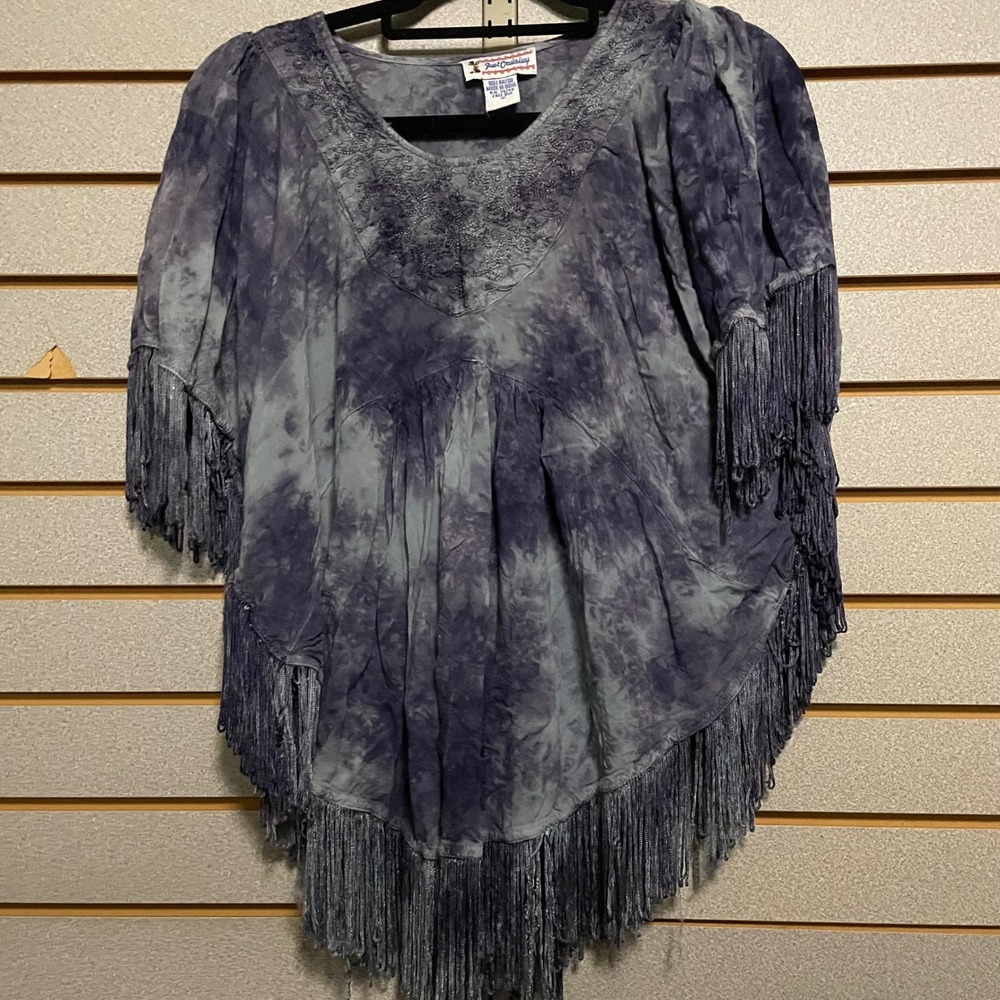 Just Cruisin Tie Dye Fringed Poncho Top‎ Blue Gray Free Size Boho Festival S M L